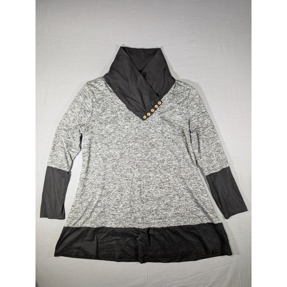 Bebonnie Cowl Neck Tunic Top Gray Space Dye Black Colorblock Button Detail XXL